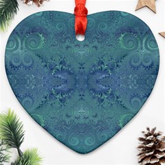 Teal Spirals And Swirls Heart Ornament (two Sides) by SpinnyChairDesigns