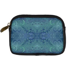 Teal Spirals And Swirls Digital Camera Leather Case by SpinnyChairDesigns