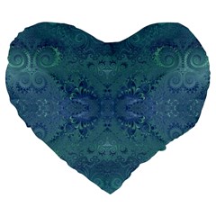 Teal Spirals And Swirls Large 19  Premium Flano Heart Shape Cushions by SpinnyChairDesigns