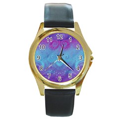 Purple Blue Swirls And Spirals Round Gold Metal Watch by SpinnyChairDesigns