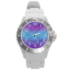 Purple Blue Swirls And Spirals Round Plastic Sport Watch (l) by SpinnyChairDesigns