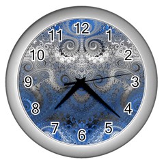 Blue Swirls And Spirals Wall Clock (silver) by SpinnyChairDesigns