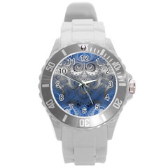 Blue Swirls And Spirals Round Plastic Sport Watch (l) by SpinnyChairDesigns