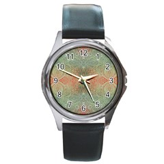 Peach Green Texture Round Metal Watch by SpinnyChairDesigns