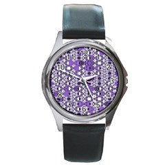 Purple Black Checkered Round Metal Watch by SpinnyChairDesigns