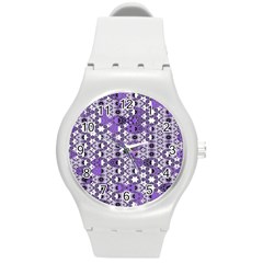 Purple Black Checkered Round Plastic Sport Watch (m) by SpinnyChairDesigns