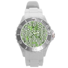 Black Lime Green Checkered Round Plastic Sport Watch (l) by SpinnyChairDesigns