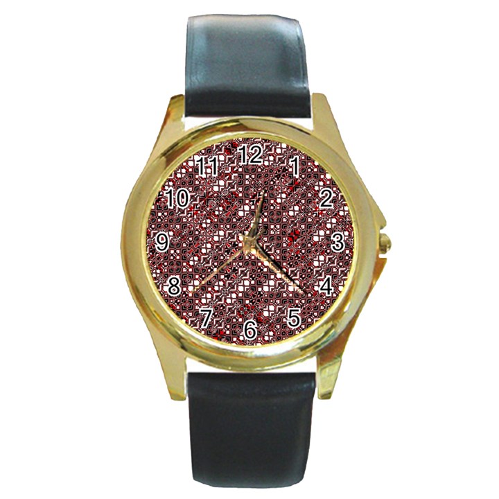 Abstract Red Black Checkered Round Gold Metal Watch