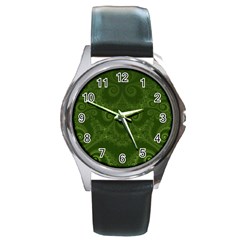 Forest Green Spirals Round Metal Watch by SpinnyChairDesigns