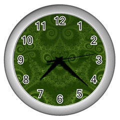 Forest Green Spirals Wall Clock (silver) by SpinnyChairDesigns