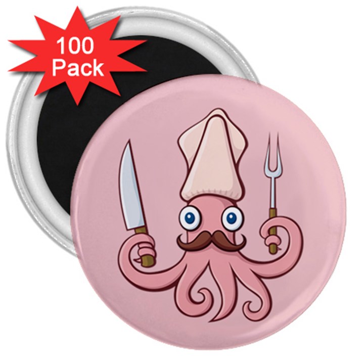 Squid Chef Cartoon 3  Magnets (100 pack)