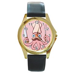 Squid Chef Cartoon Round Gold Metal Watch