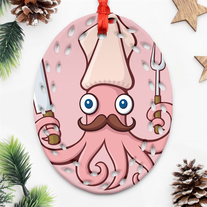 Squid Chef Cartoon Oval Filigree Ornament (Two Sides)