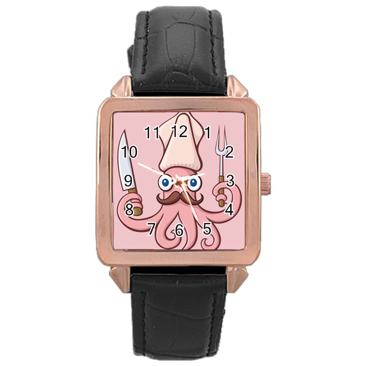 Squid Chef Cartoon Rose Gold Leather Watch 