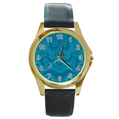 Cerulean Blue Spirals Round Gold Metal Watch by SpinnyChairDesigns