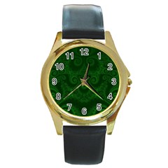 Emerald Green Spirals Round Gold Metal Watch by SpinnyChairDesigns