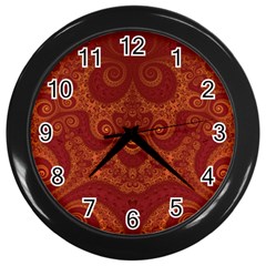 Red And Gold Spirals Wall Clock (black) by SpinnyChairDesigns