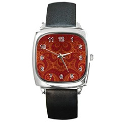 Red And Gold Spirals Square Metal Watch by SpinnyChairDesigns