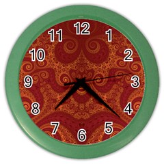 Red And Gold Spirals Color Wall Clock by SpinnyChairDesigns