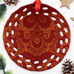 Red And Gold Spirals Ornament (round Filigree) by SpinnyChairDesigns