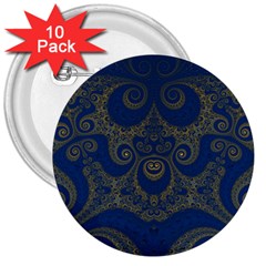 Navy Blue And Gold Swirls 3  Buttons (10 Pack)  by SpinnyChairDesigns