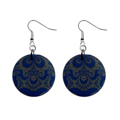 Navy Blue And Gold Swirls Mini Button Earrings by SpinnyChairDesigns