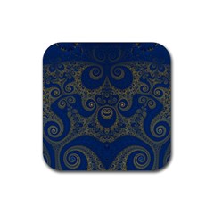 Navy Blue And Gold Swirls Rubber Coaster (square)  by SpinnyChairDesigns