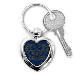 Navy Blue And Gold Swirls Key Chain (heart) by SpinnyChairDesigns