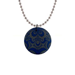 Navy Blue And Gold Swirls 1  Button Necklace by SpinnyChairDesigns