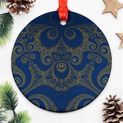 Navy Blue And Gold Swirls Round Ornament (two Sides) by SpinnyChairDesigns