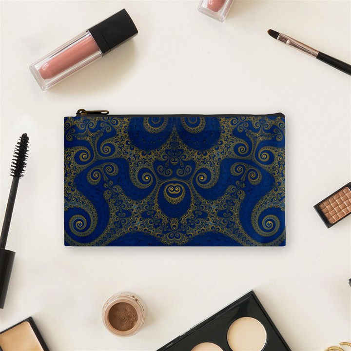 Navy Blue and Gold Swirls Cosmetic Bag (Small)