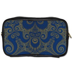 Navy Blue And Gold Swirls Toiletries Bag (two Sides) by SpinnyChairDesigns