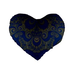 Navy Blue And Gold Swirls Standard 16  Premium Heart Shape Cushions by SpinnyChairDesigns