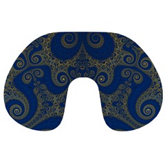 Navy Blue And Gold Swirls Travel Neck Pillow by SpinnyChairDesigns