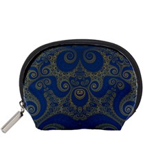 Navy Blue And Gold Swirls Accessory Pouch (small) by SpinnyChairDesigns