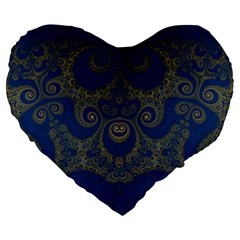 Navy Blue And Gold Swirls Large 19  Premium Flano Heart Shape Cushions by SpinnyChairDesigns