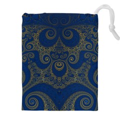 Navy Blue And Gold Swirls Drawstring Pouch (4xl) by SpinnyChairDesigns