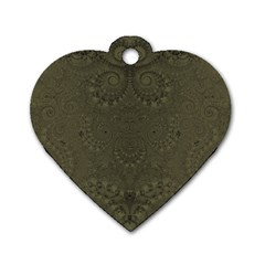 Rustic Green Brown Swirls Dog Tag Heart (two Sides) by SpinnyChairDesigns