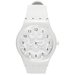 Wedding White Swirls Spirals Round Plastic Sport Watch (m) by SpinnyChairDesigns