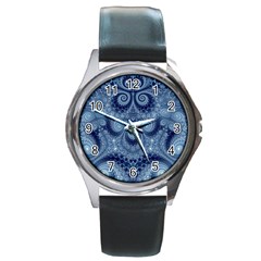 Royal Blue Swirls Round Metal Watch by SpinnyChairDesigns