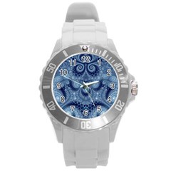 Royal Blue Swirls Round Plastic Sport Watch (l) by SpinnyChairDesigns