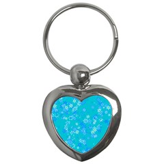 Aqua Blue Floral Print Key Chain (heart) by SpinnyChairDesigns