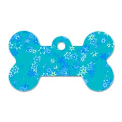 Aqua Blue Floral Print Dog Tag Bone (one Side) by SpinnyChairDesigns