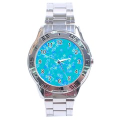 Aqua Blue Floral Print Stainless Steel Analogue Watch by SpinnyChairDesigns