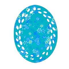 Aqua Blue Floral Print Oval Filigree Ornament (two Sides) by SpinnyChairDesigns