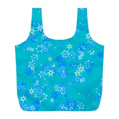 Aqua Blue Floral Print Full Print Recycle Bag (l) by SpinnyChairDesigns