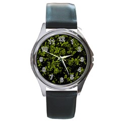 Nature Dark Camo Print Round Metal Watch by dflcprintsclothing