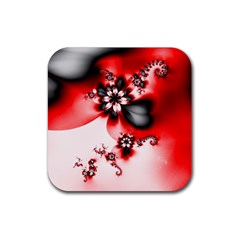 Abstract Red Black Floral Print Rubber Coaster (square)  by SpinnyChairDesigns