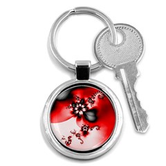 Abstract Red Black Floral Print Key Chain (round) by SpinnyChairDesigns