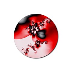 Abstract Red Black Floral Print Rubber Coaster (round)  by SpinnyChairDesigns